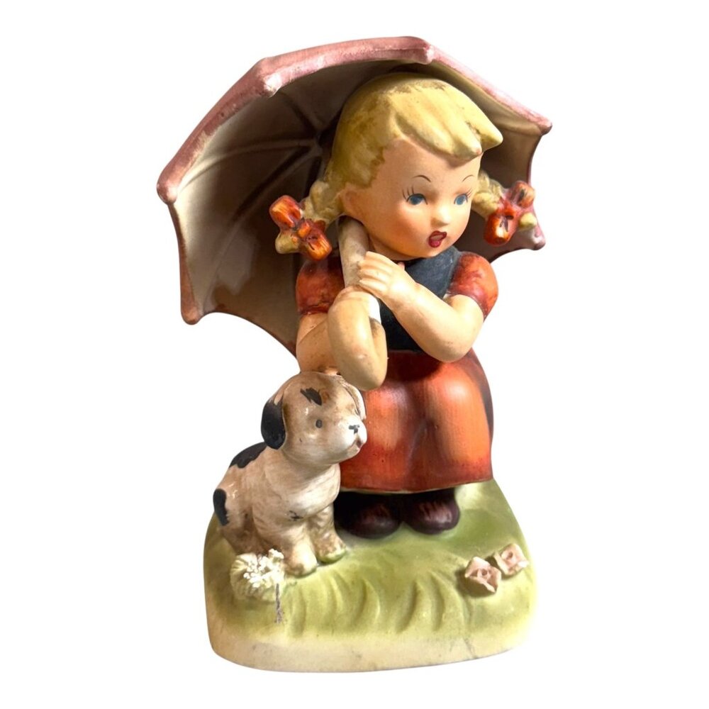Vintage Erich Stauffer Figurine Girl Umbrella & Dog Hand-Painted Rainy Days 8343